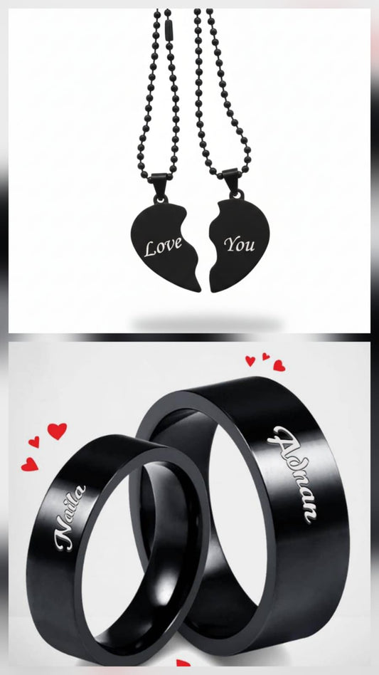 Couple Deal Black Heart Broken  — Matching Personalized Jewellery Set