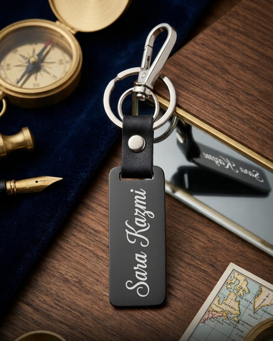 Custom Jet Black Solid Metal Keychain – Shiny SS Ring & Hook – Your Good Name Engraved