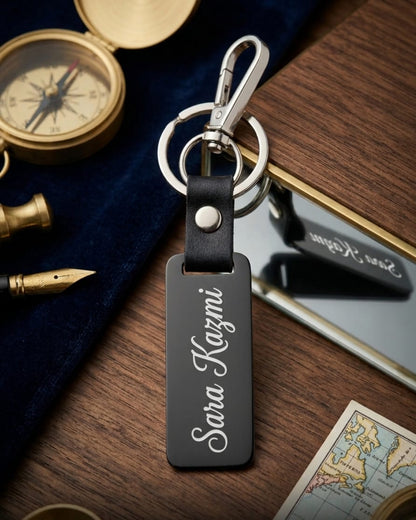 Custom Jet Black Solid Metal Keychain – Shiny SS Ring & Hook – Your Good Name Engraved