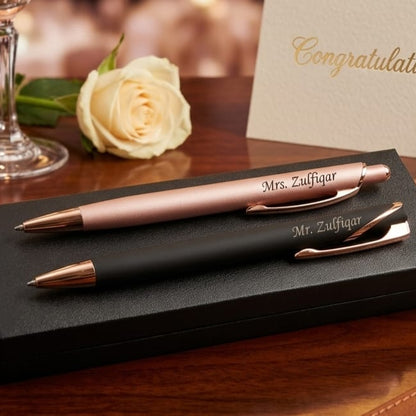 Custom Couple Pen Set – Black for Him, Pink for Her – Premium Black Box.