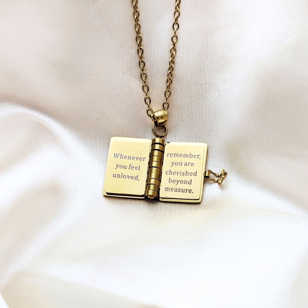 Custom Golden Book Locket – Name or Message Engraved A tiny book that holds a lifetime of love.